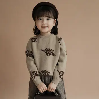 Çocuk Kız Kadife Örme Kazak Çiçek Baskılı Kazaklar Çocuk Kırmızı Haki Kazak Sonbahar Kış Giyim Kore Tarzı