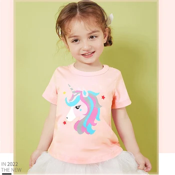 Bebek Kız Unicorn Baskı pembe tişört 2022 Yaz rahat Giysiler Yumuşak ve Konfor Üstleri Çocuk Güzel Giyim Çocuklar için 2-7 yıl