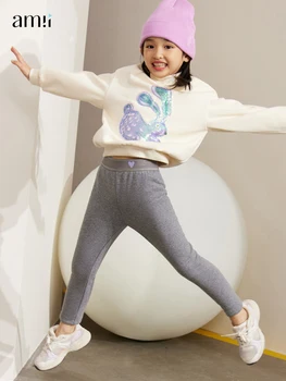 Amii Çocuk Kız Tayt 2022 Kış Katı Moda Sıcak Polar Pantolon İnce Rahat Elastik Bel Açık Pantolon 22320003