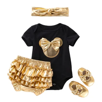 Yenidoğan Bebek Kız 4 Parça Kıyafet Giysileri Beyaz Siyah Mickey Romper Altın Damgalama Şort Yay Bandı Ayakkabı Setleri Bebek Bodysuit