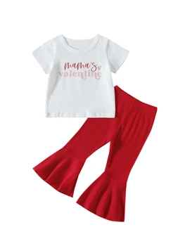 Bebek Kız Sevgililer Günü Çan Alt Kıyafet 2 Adet Giysi Set Mektup Kısa Kollu Crewneck Gömlek Nervürlü Flare Pantolon
