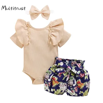 2020 Yenidoğan Bebek Kız Çiçek Kıyafet 3 ADET Set Kısa Kollu Bodysuit + Tulum Şort + Kafa Bandı Elbise