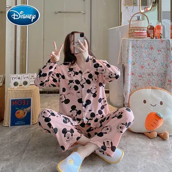 Disney Karikatür Mickey Minnie Baskı Pijama Kadın İlkbahar Sonbahar Gevşek Uzun Kollu Pantolon Yaka Hırka Kız Rahat Ev Seti