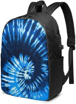 Mavi Kravat Boya iş Dizüstü Okul Bookbag seyahat sırt çantası ile USB şarj portu ve Kulaklık Portu Fit 17 in