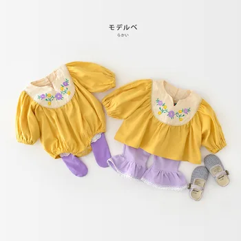 2022 Sonbahar Yeni Kız Bebek Retro Nakış Uzun Kollu Romper Bebek Çiçek Tulum Toddler Pamuk Gevşek Elbise Kardeş Kıyafet