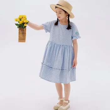 Kız Elbise Yaz Yeni 2023 Rahat Mavi Ekose Genç Prenses Elbise Tatlı Çocuk Giysileri O-Boyun Kısa Kollu çocuk Kostümleri