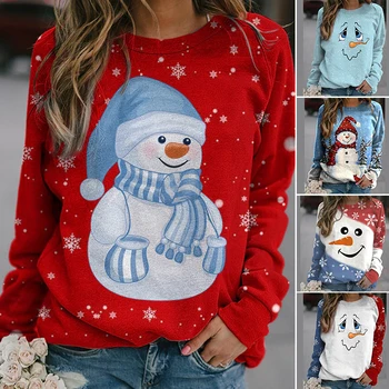 Bayan Noel Üstleri Sevimli Baskılı Crewneck Uzun Kollu Kazak Rahat Kazak Gevşek rahat tişört XİN Nakliye