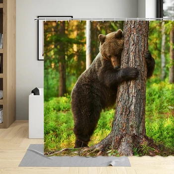 Grizzly Duş Perdesi Derin Orman Vahşi Hayvanlar Ormanda Yürüyüş Manzara Banyo Perdeleri Banyo Dekor Su Geçirmez Ekranlar