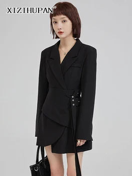 XIZIHUPAN Siyah Rahat Ceket Kadınlar İçin Çentikli Yaka Uzun Kollu Yüksek Bel Patchwork Dantel Palto Kadın 2022 Elbise Moda Yeni