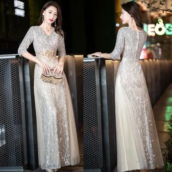 Şampanya Düz Akşam Parti Elbise Kıyafeti Kadın Bling Sequins V Yaka Seksi Qipao Örgü 3/4 Kollu Cheongsam Fermuar Vestidos