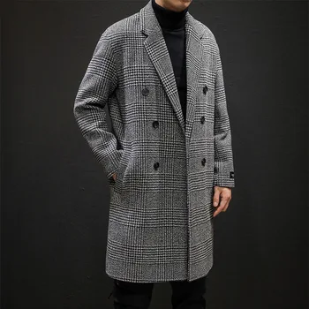 Sonbahar ve kış yeni stil Hong Kong moda erkek rahat rüzgarlık erkek orta uzunlukta gevşek yün ekose ceket