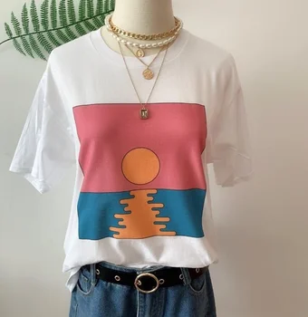 sunfiz HJN Rüya Sabah Kadınlar Sunrise Okyanus T-Shirt Kadın Retro Tarzı Estetik Sanat Tee Sevimli Yaz Üstleri