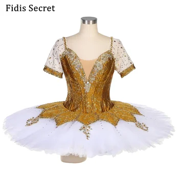 Beyaz Profesyonel Klasik Gözleme Bale Tutu Etek w / Altın Desen Kızlar için, kadın Balerin Dans Yarışması Sahne Kostüm