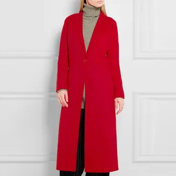 2019 Sonbahar Kış Kadın Kırmızı Yün Ceket Basit Maxi Uzun Klasik İnce uzun kollu Palto abrigos mujer r1720