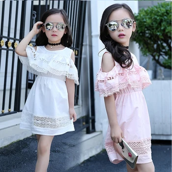 Çocuk kız elbisesi Dantel ile Yaz 2019 Yeni Çocuk Giysileri Kızlar için Giysi Pamuk Kapalı tek omuzlu elbise Beyaz Pembe Sarı Vestido