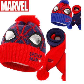 Örümcek adam Çocuk Şapka ve Eşarp 2 adet Set Disney Marvel Kış Erkek Sıcak Kadife Kalın Örme Şapka Bebek Önlüğü Karikatür Figürleri Hediyeler