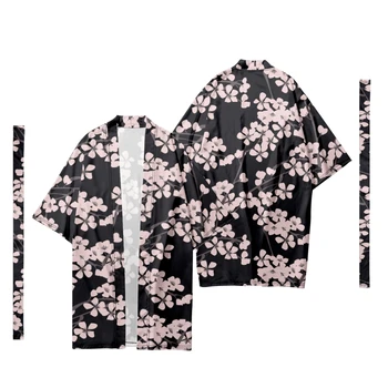 Erkek Japon Uzun Kimono Hırka erkek Samurai Kostüm Kimono Geleneksel Sakura Desen Kimono Gömlek Yukata Ceket
