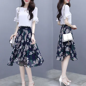 Şifon Etek Takım Elbise Femme Yaz 2021 Yeni Etek Yarım Kollu Beyaz Üstleri + Etek İki Parçalı Setleri Kadın Etek Astar İle Zarif