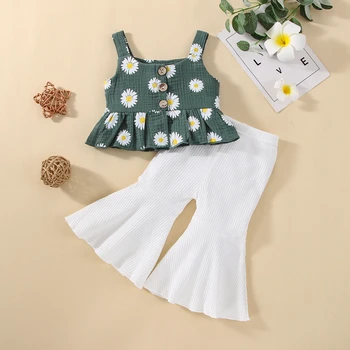 2022 Kız Yaz Giyim Papatya Çiçek Fırfır Kaşkorse Sundress Üst + Çan dipli Pantolon 2 adet Kız giyim setleri Moda Kıyafet