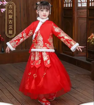 Çin Yeni Yılı Çocuk Elbise Kız Hanfu Kırmızı Bağbozumu Tang Sahne Kostümleri Kış Dans
