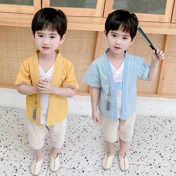 Erkek Yeni Çin Tarzı Vintage Düğme Baskı Tang Takım Elbise Çocuklar Geleneksel Antik Hanfu Çocuk Kısa Kollu Rol Oynamak Kostüm