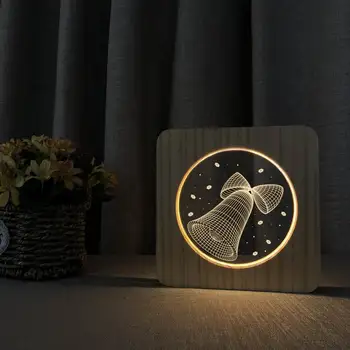 Güzel Çan 3D Ahşap Akrilik Lamba Gece Lambası Ahşap 3D LED Masa Lambası Sıcak Beyaz Yatak Odası Dekorasyon Yaratıcı Noel Doğum Günü