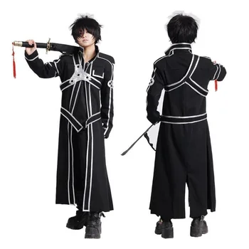 Sword Art Online Cosplay Kostüm Kirigaya Kazuto Elbise Anime SAO Kirito Uzun Palto Siper (Pelerin + Kemer + Omuz askıları )