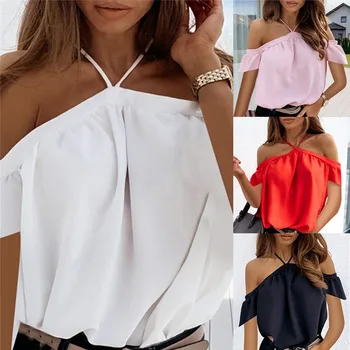 Kadınlar 2022 Yaz Kapalı Omuz Halter Bluz Gömlek Seksi Backless Düz Renk Üstleri Bayanlar Zarif Kısa Kollu Gömlek Blusas 2XL