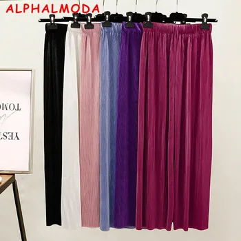 ALPHALMODA 2018 Yaz kadın Düz Renk Pilili Geniş Bacak Pantolon Yüksek Bel Kadın Moda Pantolon