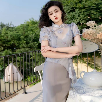 Yapmak nokta nazik rüzgar yaz aylarında yeni Çin tarzı kemerli elbise iki parçalı jakarlı düğme gömlek