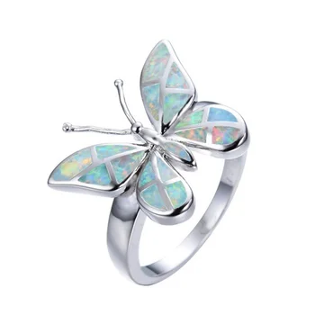 Popüler gümüş kaplama 3 renk Opalite Opal kelebek şekli parmak yüzük zarif kadınlar takı için