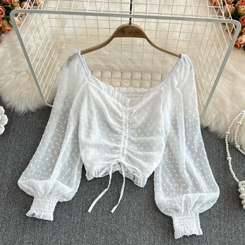 Beyaz Kırpma Üst Dantelli Şifon Puf Kollu Bluz Lolita Polka Dot Gömlek Vintage Uzun Kollu Kırpılmış Üstleri 2022 İlkbahar Sonbahar Pembe