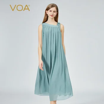 VOA Georgette Dut Ipek Mavi Eğimli Omuz Pilili Elbiseler Kadın Kolsuz Flowy Çift Katmanlı Ipek yaz elbisesi AE1398