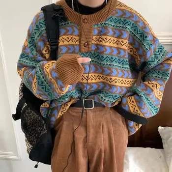 2022 Kış erkek Yeni Ulusal Tarzı Triko Sıcak Tutmak Yün Kazak Vintage Gevşek Yuvarlak Boyun Örgü Kahverengi Renk Moda Ceket