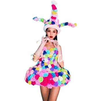 Renkli Çiçekler Headdress Takım Elbise Parti Festivali Rave dans kostümü Kabarık Mini Elbise Şarkıcı Dansçı konser sahnesi Performans Giyim