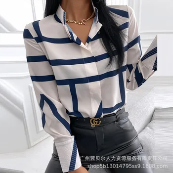 Kadın Gömlek kadın Moda Gevşek Çizgili Baskılı Gömlek Tops Yaz Casual Uzun Kollu Standı Yaka Bluz