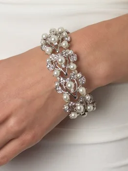 Vintage Stil Rodyum Gümüş Kaplama Temizle Rhinestone Kristal Diamante Krem İnci Çiçek Bilezik Düğün