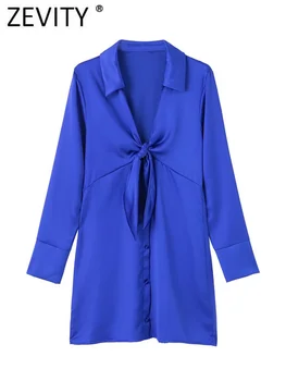 Zevity Yeni Kadın Moda Ön Düğümlü Yumuşak Saten Mini Gömlek Elbise Ofis Bayan Uzun Kollu İş Kimono İnce Vestidos DS2402