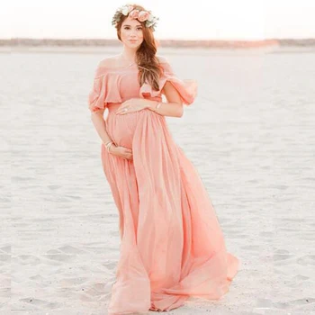 Şifon Omuzsuz hamile elbiseleri Hamile Kadınlar İçin hamile kıyafetleri hamile elbiseleri Fotoğraf Çekimi İçin Ruffles Maxi Elbise