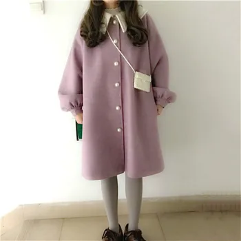 M kızlar Kış Mor Sevimli Ceket Kadın Tek Göğüslü Sıcak Yün Ceket Kadın Gevşek Düğme Ceket Ceket Japon Palto