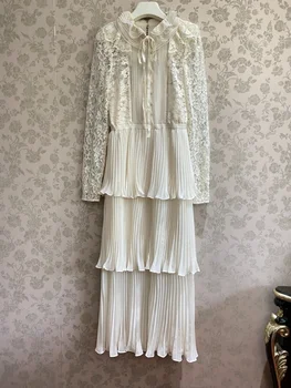 Pist Yaz Hollow Out Kadınlar Midi Şifon Elbise Dantel Uzun Kollu Boncuklu Elmas Katmanlı Basamaklı Fırfır Kek Elbise Akşam