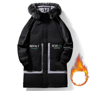 2021 Kış Uzun Kapşonlu Ceket erkek Kore Versiyonu Trend Pamuk-yastıklı Mont Gençler Aşağı Kürk Yaka Baskılı Ceket Damla Gemi