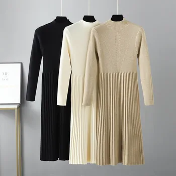 Örme elbise Kadınlar 2022 Yeni Sonbahar Kış Elbise Düz Renk Yarım Balıkçı Yaka Kalınlaşmış Midi Uzun Bel Elbise Vestidos Elegantes