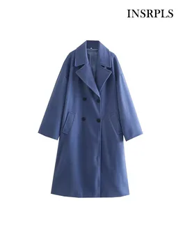 INSRPLS Kadın Moda Kruvaze Büyük Boy Yün Ceket Vintage Uzun Kollu Flap Cepler Kadın Giyim Şık Palto