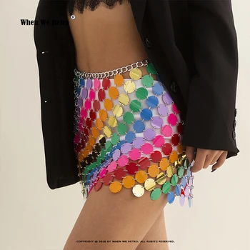 Sıcak Parlak Sequins Mini Etekler Kadınlar için Yüksek Bel Patchwork Seksi Glitter Göbek Zinciri Sokak Giyim Moda Kısa Etekler RS074