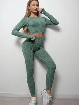 Kadın Spor Seti Dikişsiz Yoga spor elbise Koşu Uzun Kollu Kıyafet Giyim Egzersiz Seti Spor Tayt Kadın Eşofman Yoga Seti