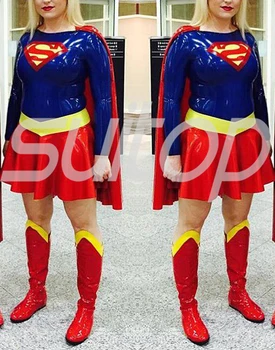 Yeni Varış kadın Lateks Supergirl takım tayt üniforma (üst + pelerin + etekler)
