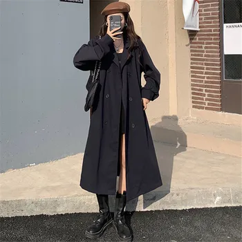 Rüzgarlık kadın İlkbahar ve Sonbahar Yeni Düz Renk Yaka Kruvaze Kemer Orta uzunlukta Trençkot Moda Commuting ZM677