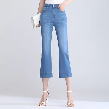 Flare Kot Kadın Yüksek Bel Elastik Denim kapri pantolonlar Bayanlar Moda Kot Kadın Kırpılmış Pantolon Bayan Jean Femme