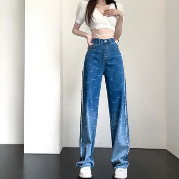 Streetwear Kadın Kot Gevşek Vintage Kore Çizgili Düz Tam Kot Pantolon Mavi Rahat Yaz Saf Pamuk Geniş Bacak Kot